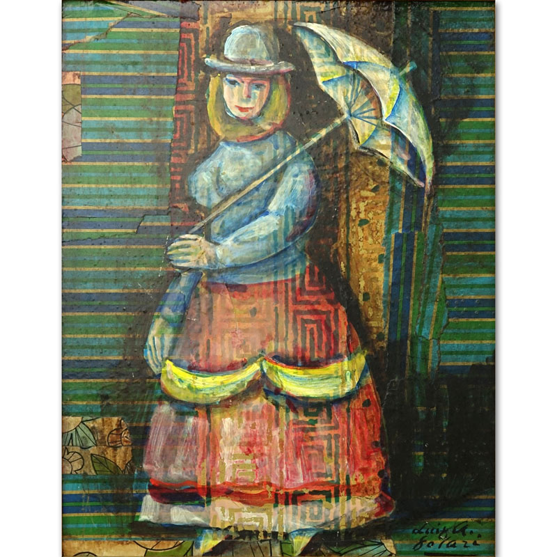 Luis Alberto Solari, Uruguayan (1918-1993) "Lady with Umbrella" Mixed Media Collage 