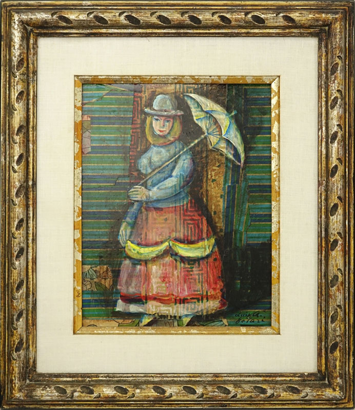 Luis Alberto Solari, Uruguayan (1918-1993) "Lady with Umbrella" Mixed Media Collage 