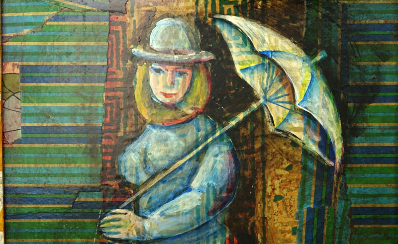 Luis Alberto Solari, Uruguayan (1918-1993) "Lady with Umbrella" Mixed Media Collage 