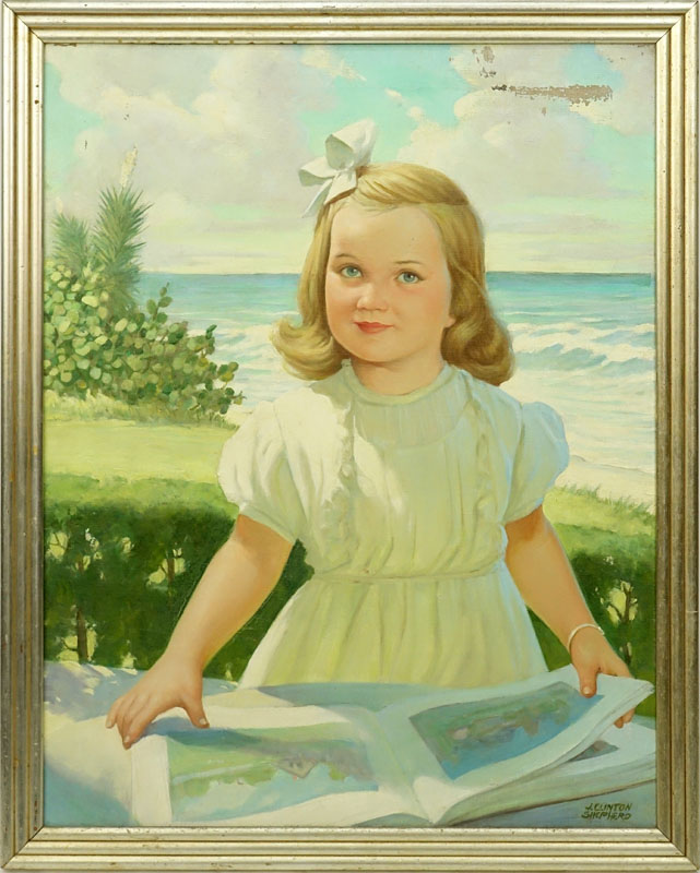 J. Clinton Shepherd, American (1888-1975) "Young Girl Near Ocean" Oil on Canvas Signed Lower Right. 