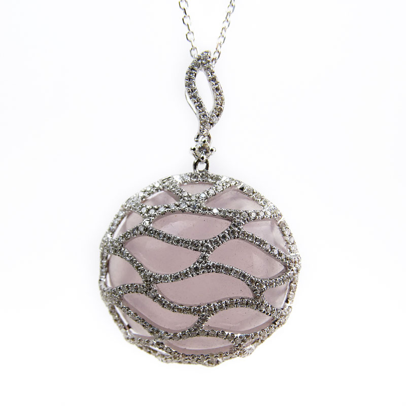 Rose Quartz, Approx. .80 Carat Diamond and 18 Karat White Gold Pendant with 14 Karat White Gold Chain.