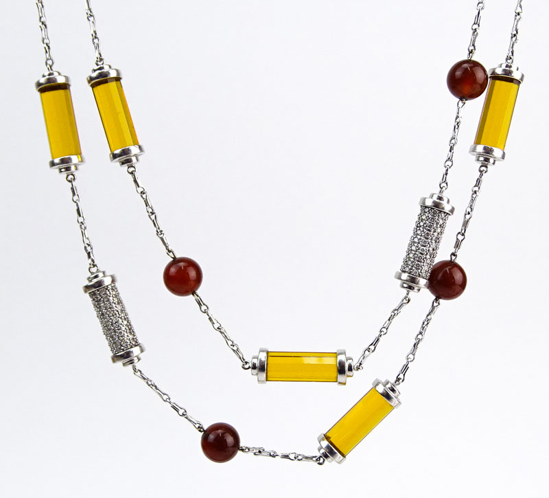 Approx. 3.01 Carat Pave Set Diamond, Carnelian, Citrine and 18 Karat White Gold Necklace.