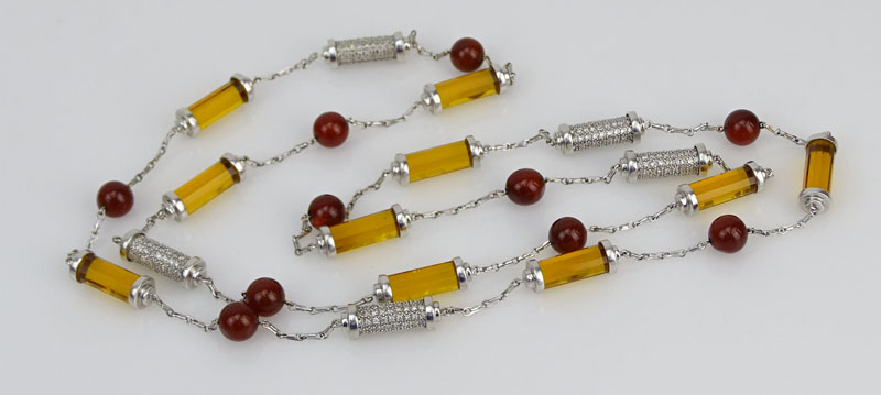 Approx. 3.01 Carat Pave Set Diamond, Carnelian, Citrine and 18 Karat White Gold Necklace.