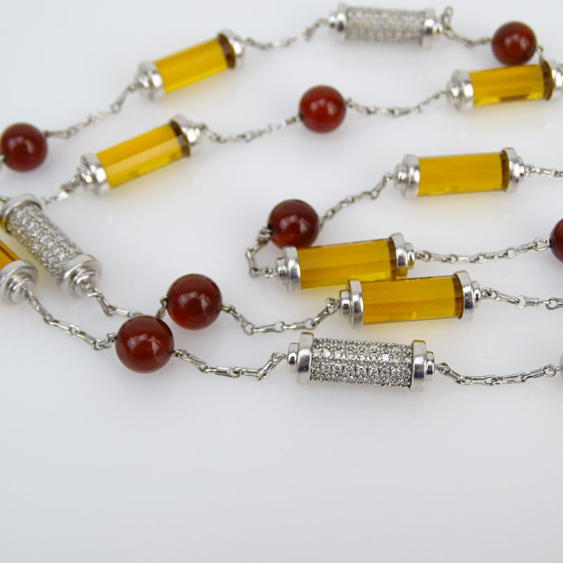 Approx. 3.01 Carat Pave Set Diamond, Carnelian, Citrine and 18 Karat White Gold Necklace.