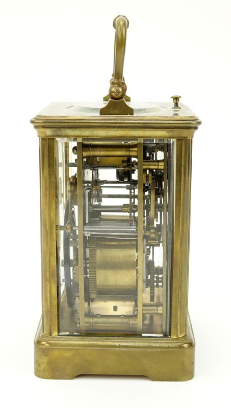 Late 19th Century French Aiguilles Gilt Brass Carriage Clock. Porcelain dial with double display, Roman and Arabic numerals. 