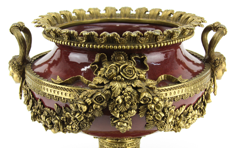 Louis XVI Style Gilt Bronze and Rouge Porcelain Pedestal Bowl/Centerpiece.