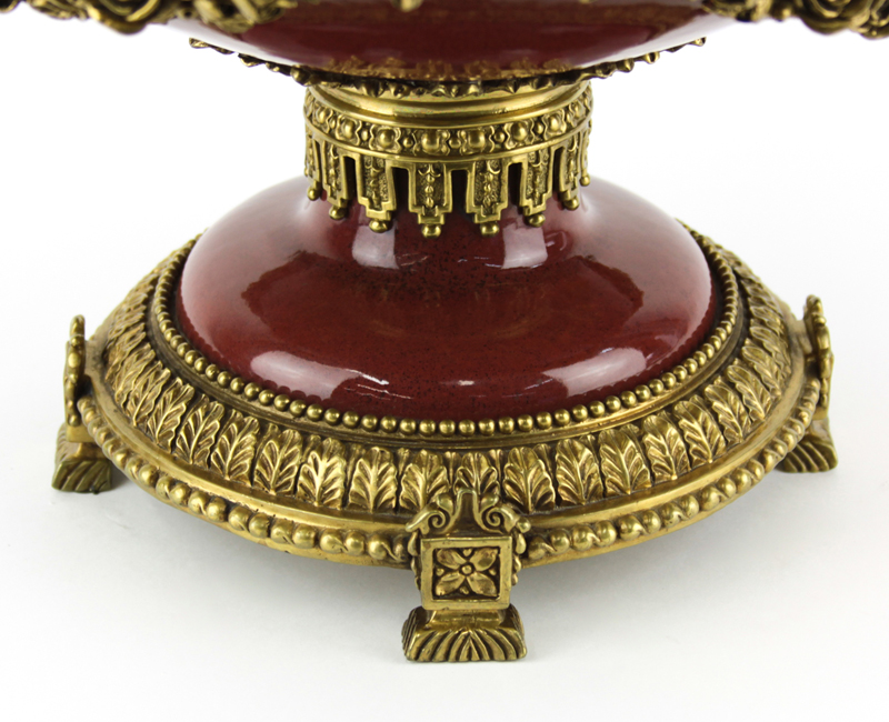 Louis XVI Style Gilt Bronze and Rouge Porcelain Pedestal Bowl/Centerpiece.