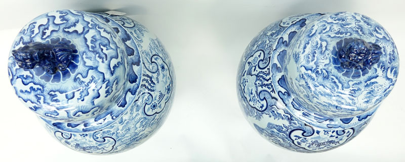 Large Pair of Matching Chinese Blue and White Porcelain Covered Urns.