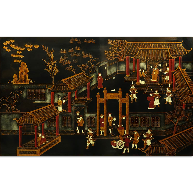 Maitland-Smith (Mid. 20th C.) Chinese Black Lacquered Wall Panel.