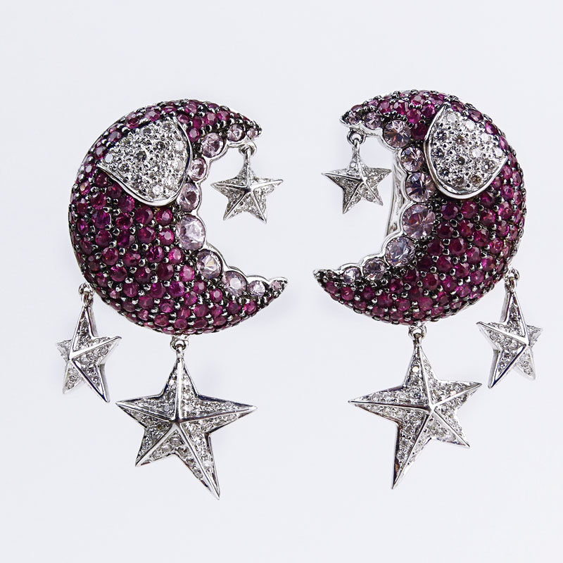 Contemporary Approx. 7.80 Carat Pink Sapphire, 1.40 Carat Diamond and 18 Karat White Gold Crescent Moon Earrings. 