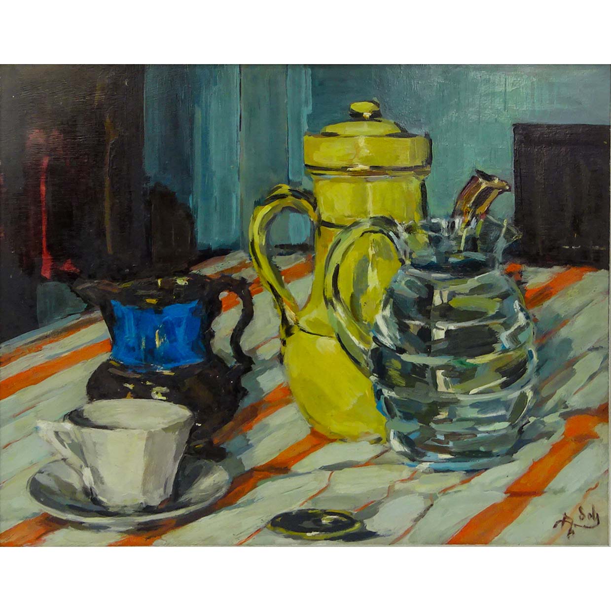 French School (20th Century) "Still Life, Tableware" Oil on Panel Signed Lower Right. 