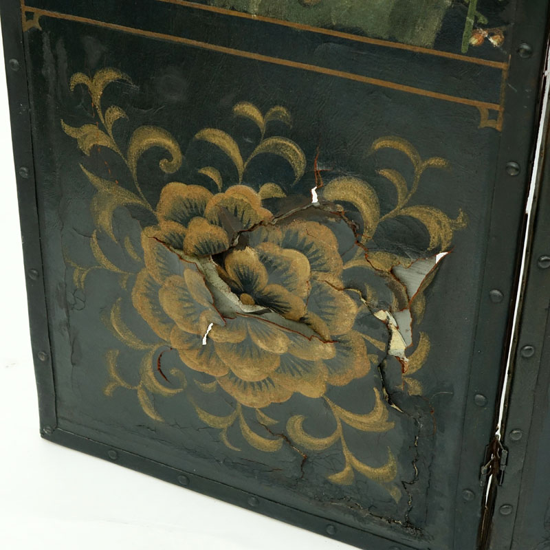 19th Century European Hand Painted Leather Three Panel Screen.