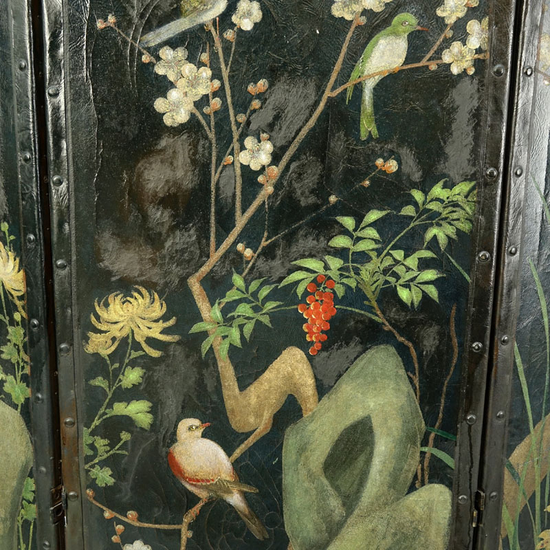 19th Century European Hand Painted Leather Three Panel Screen.