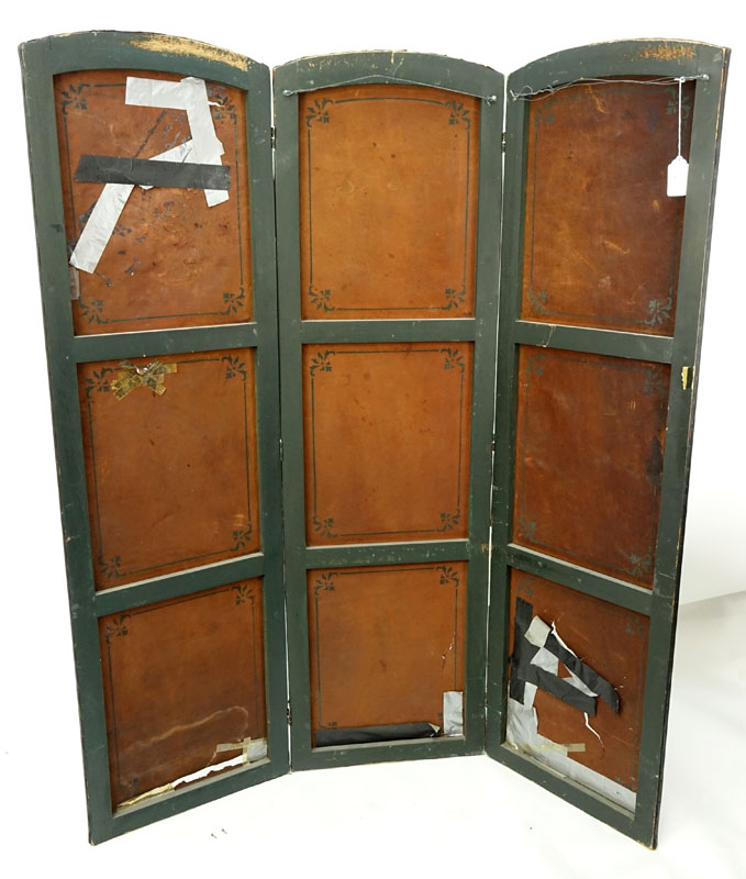 19th Century European Hand Painted Leather Three Panel Screen.