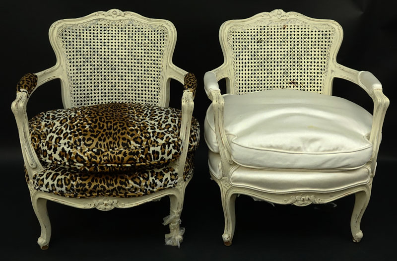 Pair Louis XV Style Fauteuils. Distressed painted, cane backed. 