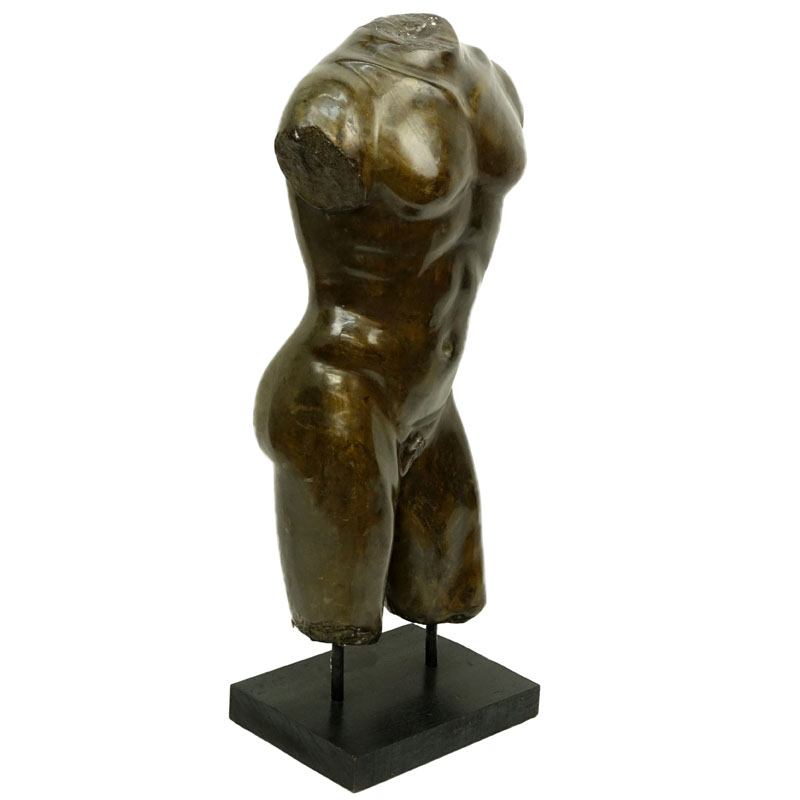 Contemporary Bronze Sculpture of a Male Torso on Fitted Wooden Base.