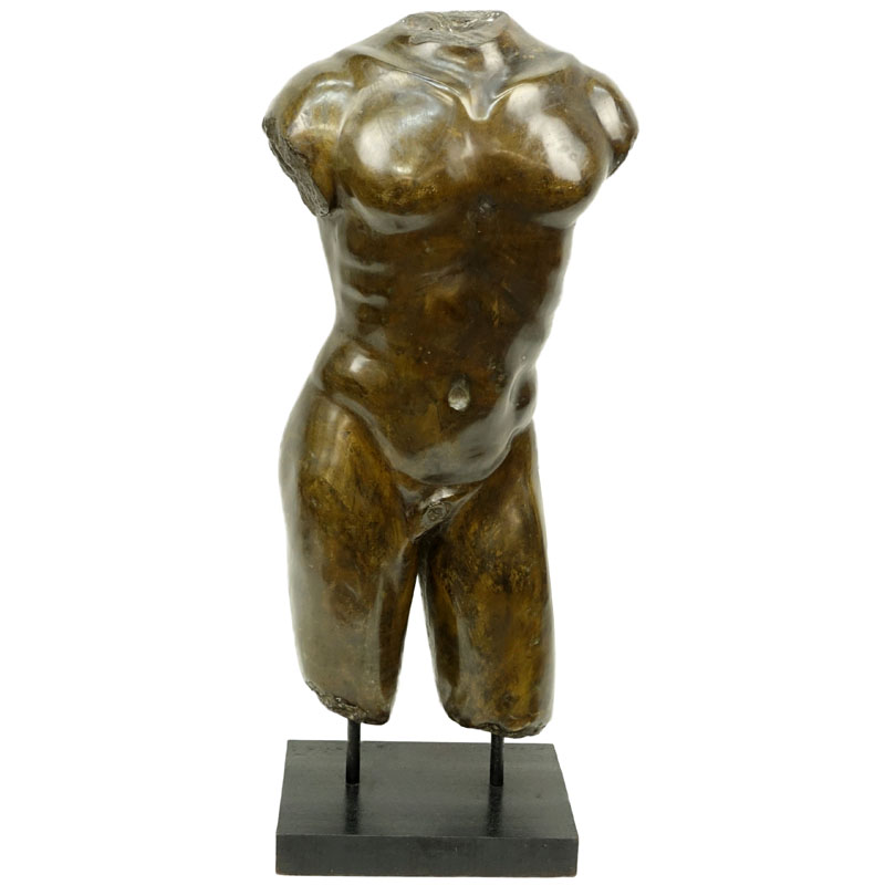 Contemporary Bronze Sculpture of a Male Torso on Fitted Wooden Base.