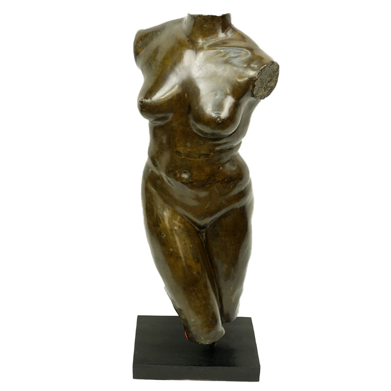 Contemporary Bronze Sculpture of a Female Torso on Fitted Wooden Base.