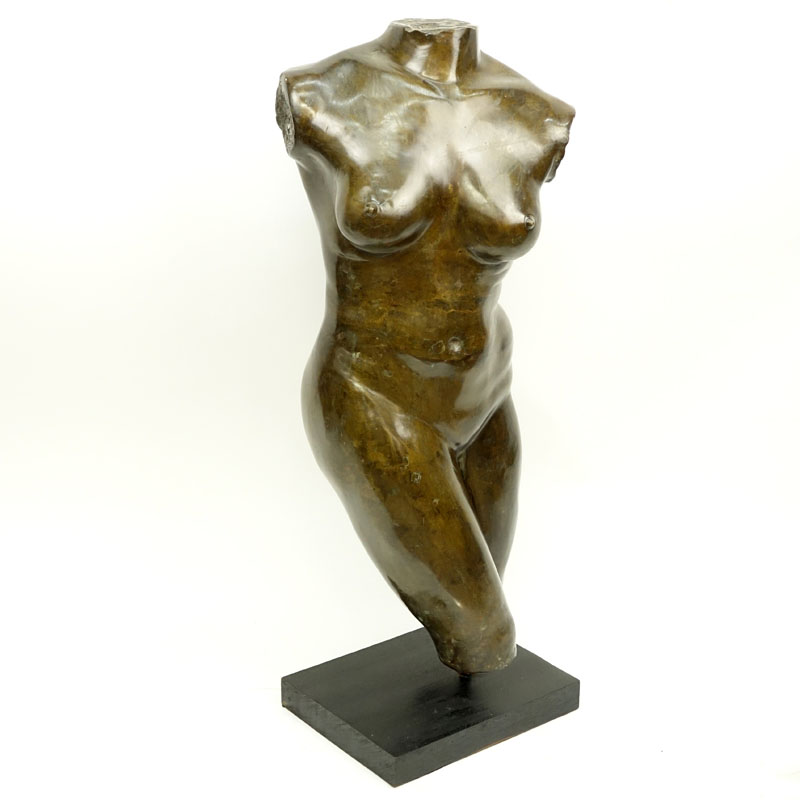 Contemporary Bronze Sculpture of a Female Torso on Fitted Wooden Base.