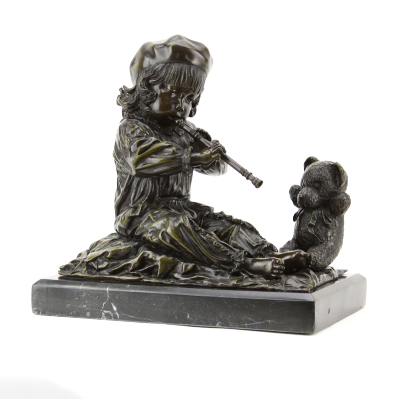 Modern Bronze Sculpture of a Young Child with Teddy Bear Mounted on Black Marble Base.