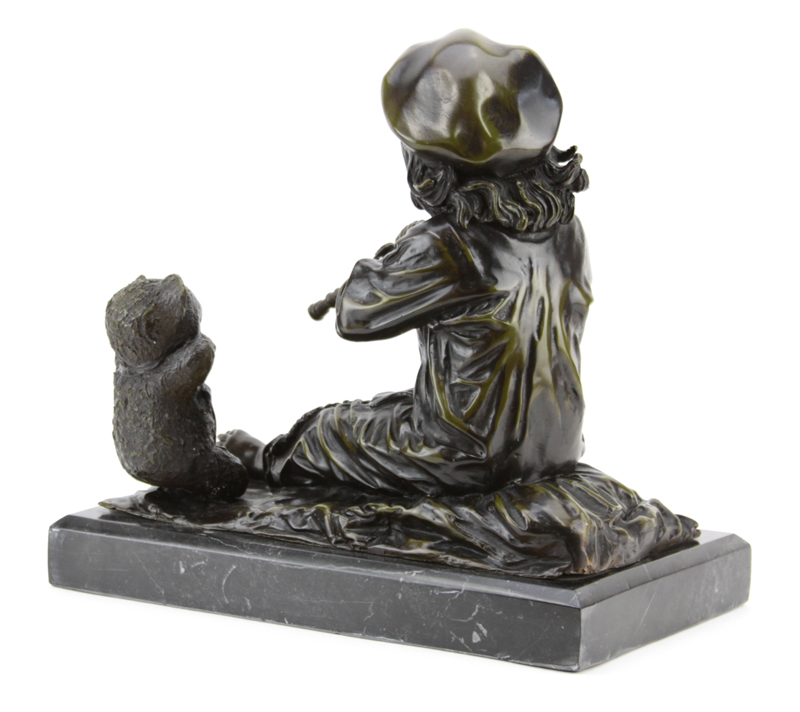 Modern Bronze Sculpture of a Young Child with Teddy Bear Mounted on Black Marble Base.