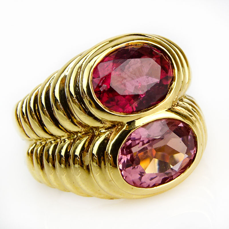 Bulgari Approx. 4.0 Carat Oval Cut Pink Tourmaline and 18 Karat Yellow Gold Double Stack Ring.