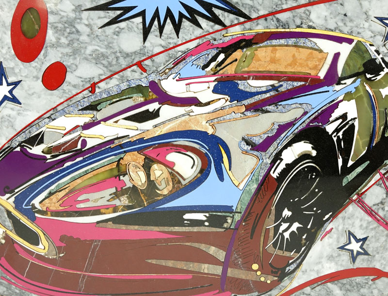 Leonardo Hildalgo, Ecuadorian/American (20th Century) "Supercar Weekend 2009" Pop Art Pietra Dura Marble Panel 