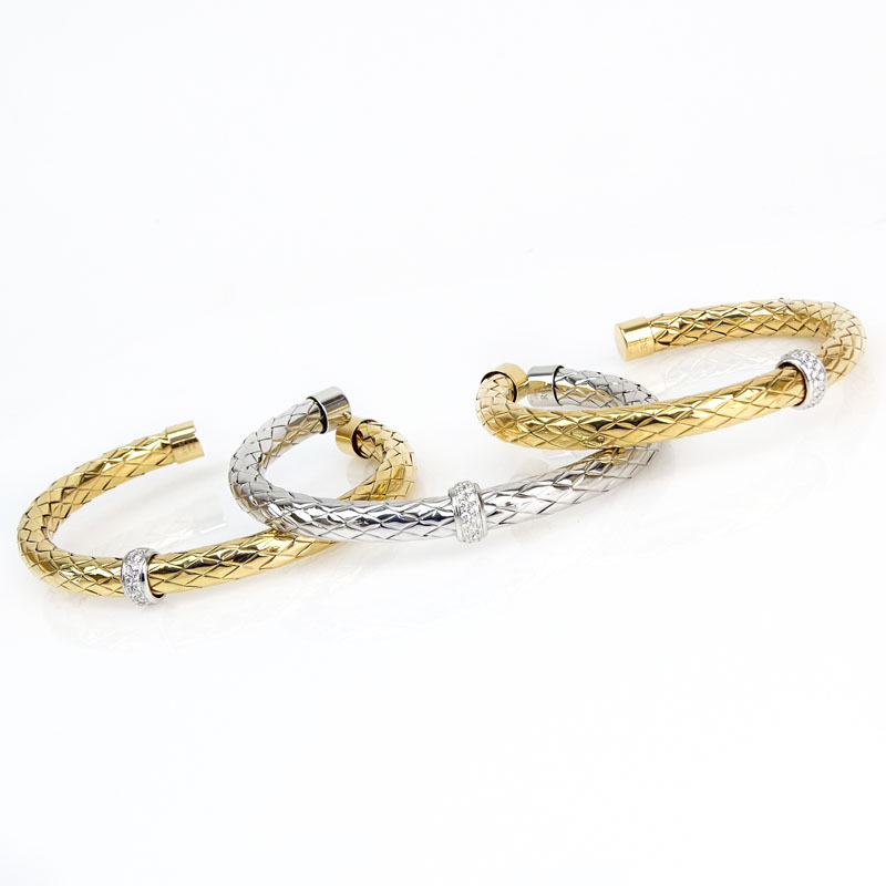 Roberto Coin Three (3) Woven Two Tone 18 Karat Gold and Approx. .65 Carat TW Diamond Primavera Cuff Bangles.