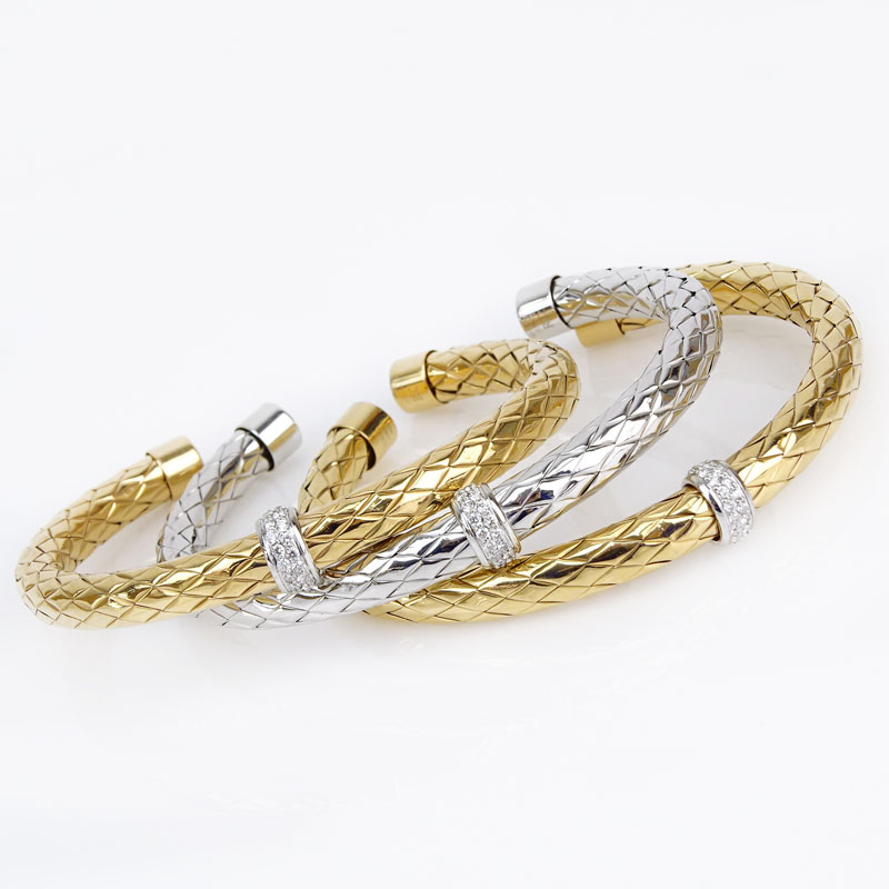 Roberto Coin Three (3) Woven Two Tone 18 Karat Gold and Approx. .65 Carat TW Diamond Primavera Cuff Bangles.