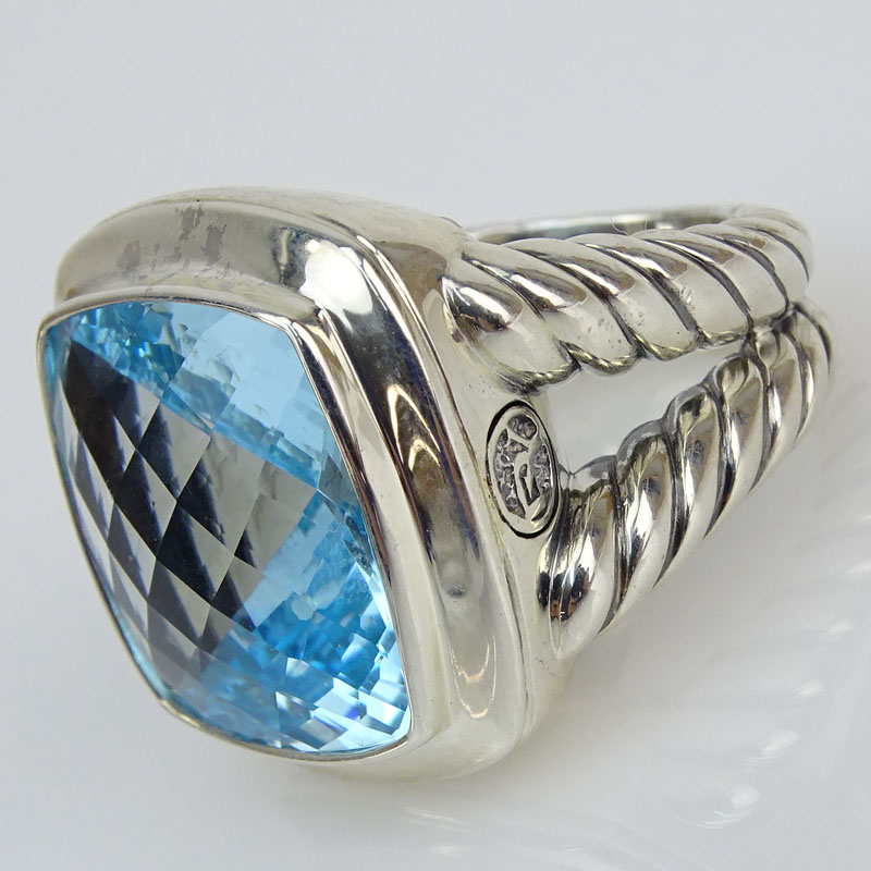 David Yurman Albion Cushion Cut Blue Topaz and Sterling Silver Cable Ring. Topaz measures 16mm x 16mm.