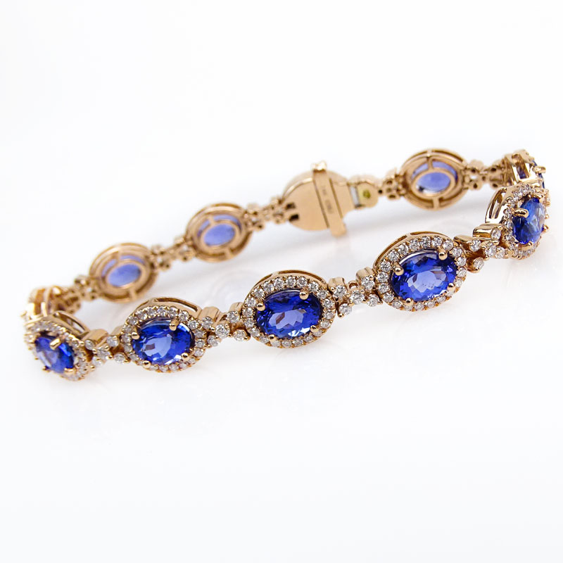 Approx. 13.75 Carat Oval Cut Tanzanite, 4.20 carat Round Brilliant Cut Diamond and 14 Karat Rose Gold bracelet. 