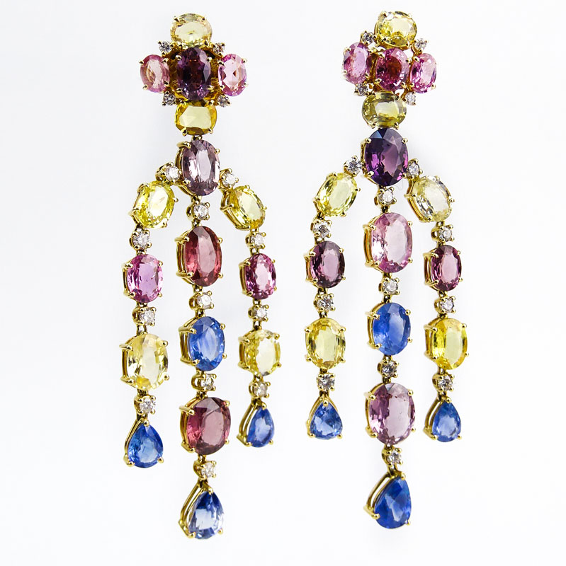 Cotemporary Approx. 47.37 Carat Multi Color Sapphire, 1.70 Carat Round Brilliant Cut Diamond and 18 Karat Yellow Gold Chandelier Earrings. 