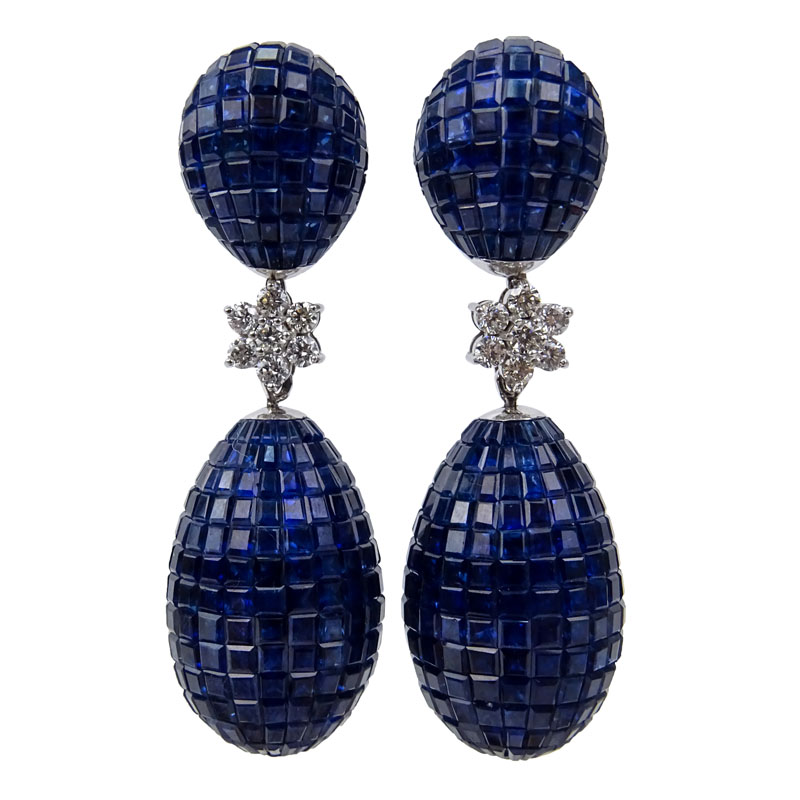 Contemporary Approx. 84.09 Carat Invisible Set Sapphire, .86 Carat Diamond and 18 Karat White Gold Pendant Earrings with Detachable Pendant. 