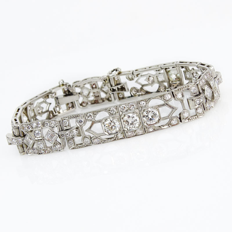 Art Deco Approx. 6.50 Carat Old European Cut Diamond and Square Cut Diamond and Platinum Bracelet.