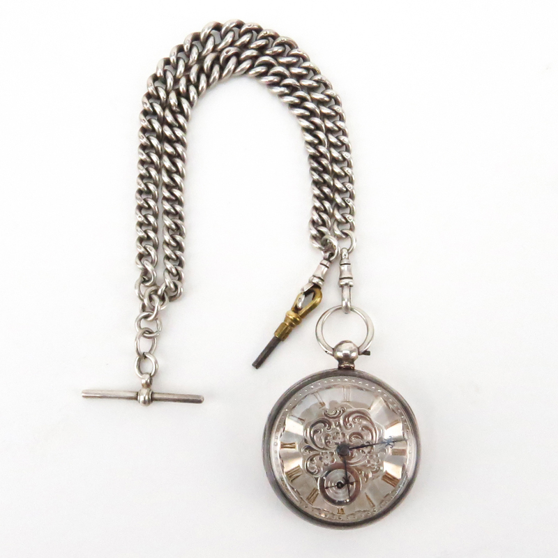Circa 1851 London Sterling Silver Open Face Fusee Pocket Watch and Chain.
