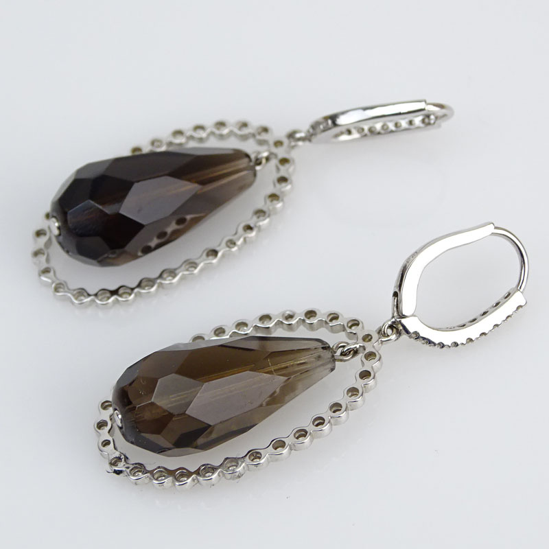 Approx. 25.0 Carat Briolette Cut Smokey Topaz, .65 Carat Diamond and 18 Karat White Gold Pendant Earrings. 