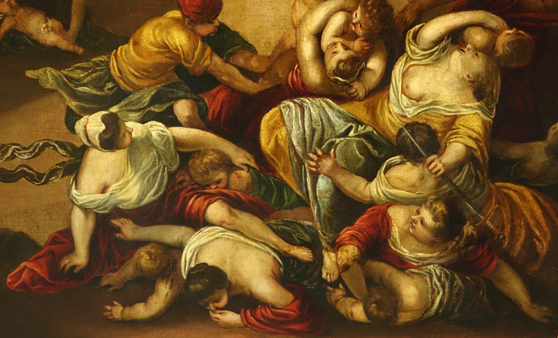 17th Century Italian Old Master Oil On Canvas, Possibly Follower Of Andrea Schiavone, Italian (born circa 1500-1563) "Massacre Of The Innocents" 