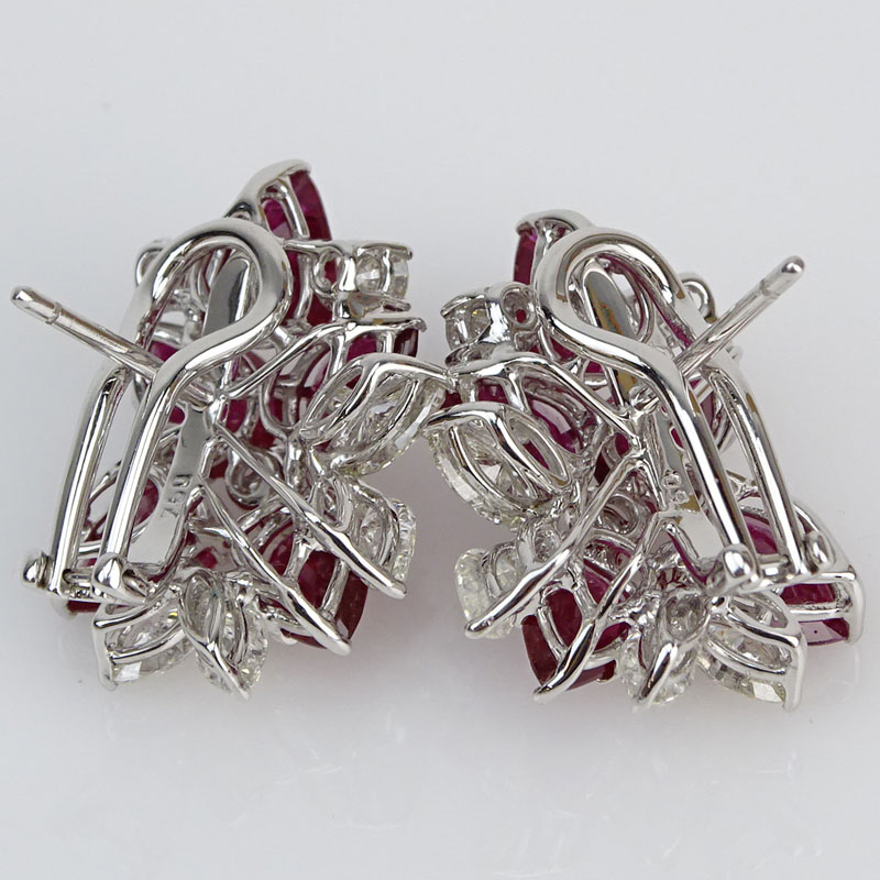 Approx. 10.50 Carat Pear Shape Burma Ruby, 3.20 Carat Diamond and 18 Karat White Gold earrings. 