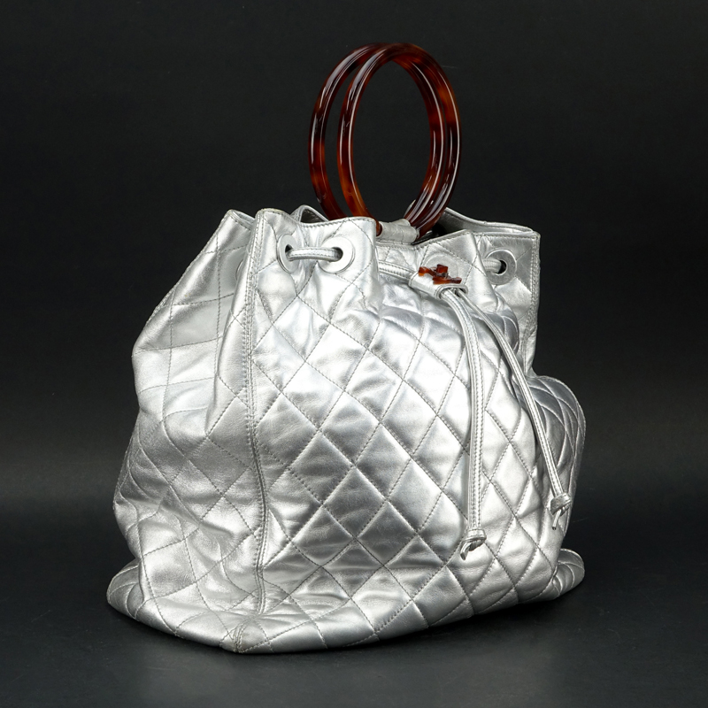 Chanel Silver Quilted Lambskin Leather Large Tote with Tortoise Handles.