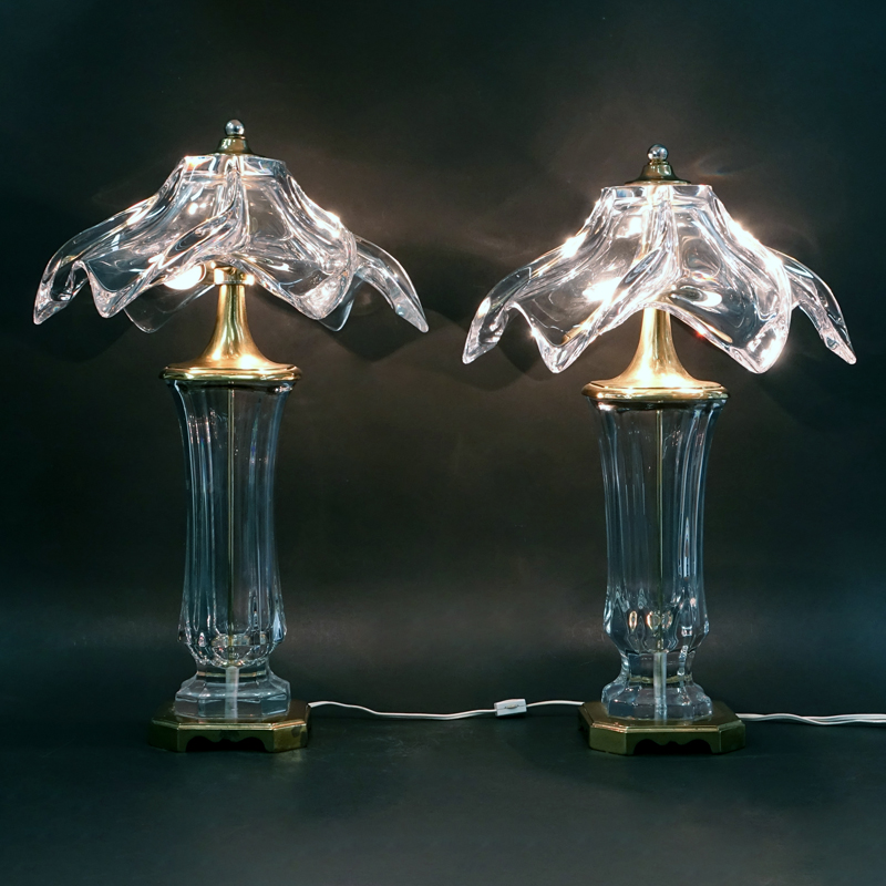 Pair of Mid Century Murano Venini Glass and Brass Lamps. Faceted glass vase with swirl form shade.