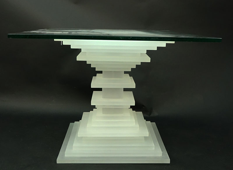 Retro Stacked Lucite Pedestal Table. Comprised of multiple layers of frosted Lucite squares.