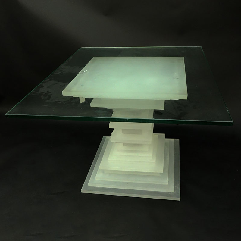 Retro Stacked Lucite Pedestal Table. Comprised of multiple layers of frosted Lucite squares.