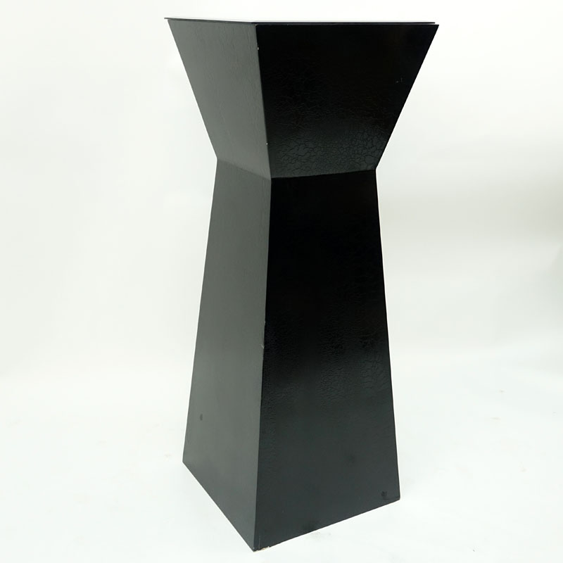 Modern Black Textured Lacquered Pedestal with Smoky Glass Top.