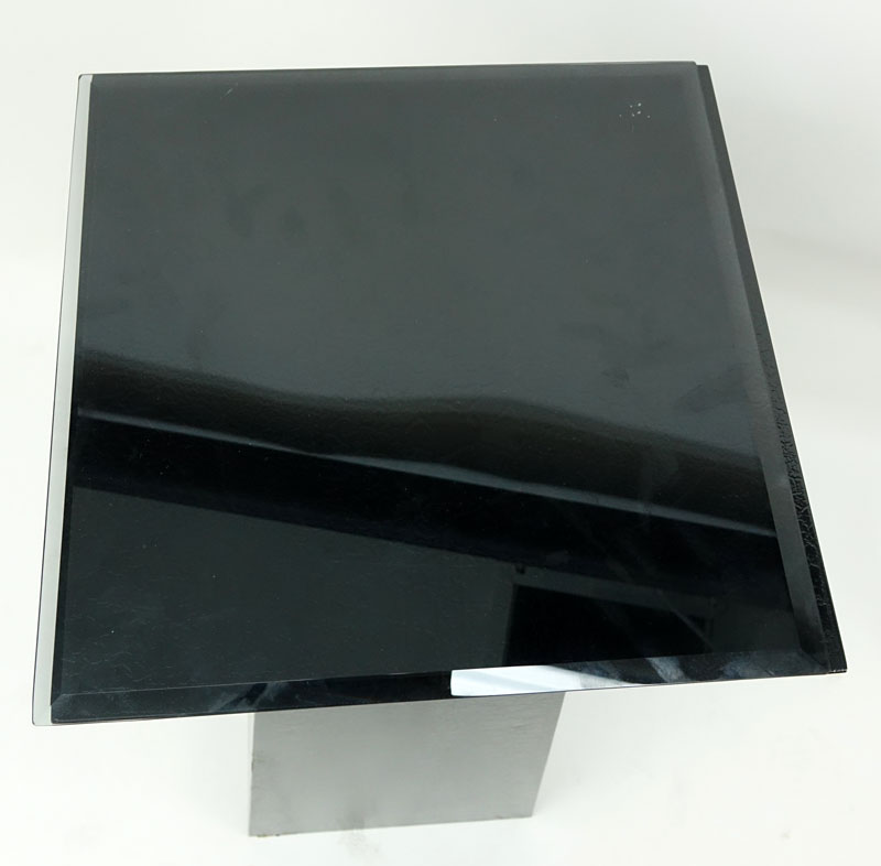 Modern Black Textured Lacquered Pedestal with Smoky Glass Top.