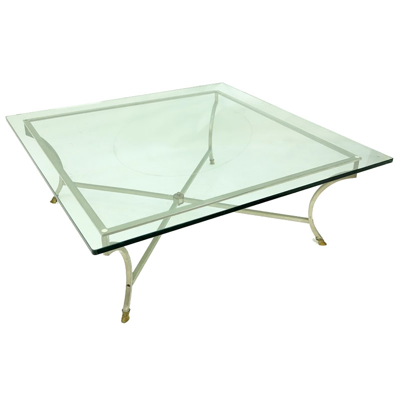 Maison Jansen Style Steel and Brass Glass Top Coffee Table.