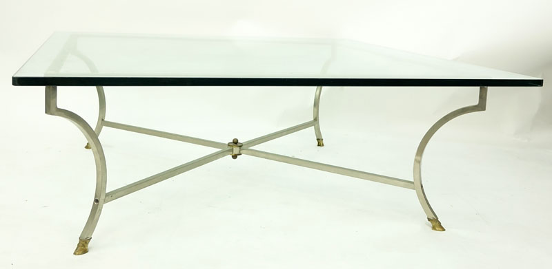 Maison Jansen Style Steel and Brass Glass Top Coffee Table.