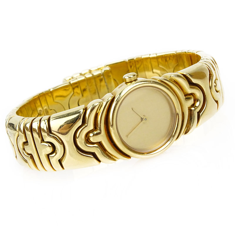 Lady's Vintage Bulgari 18 Karat Yellow Gold Parentesi Cuff Bangle Bracelet Watch with Swiss Quartz Movement.