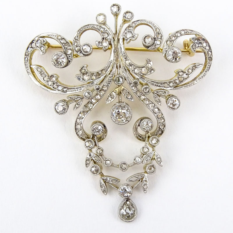 Approx. 2.50 Carat TW Diamond and 14 Karat Yellow Gold Pendant Brooch.