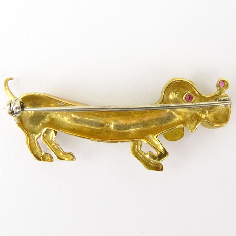 Vintage Miniature 18 Karat Yellow Gold Dog Pin with Ruby Eyes.