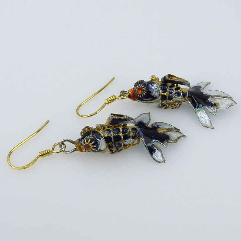 Pair Vintage Chinese Enameled Silver Articulated Fish Pendant Earrings with Silk Case.